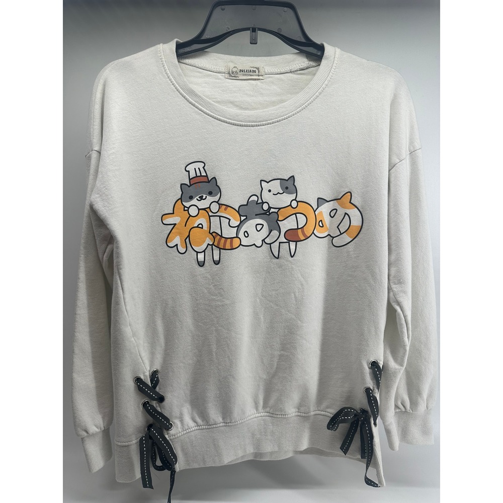 Women's Cream Crew Neck Long Sleeve Cat Graphic Sweatshirt Small